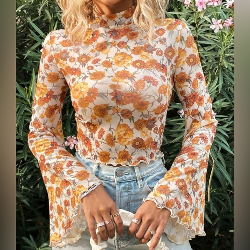 Floral Print Women's Top - Orange and Cream
